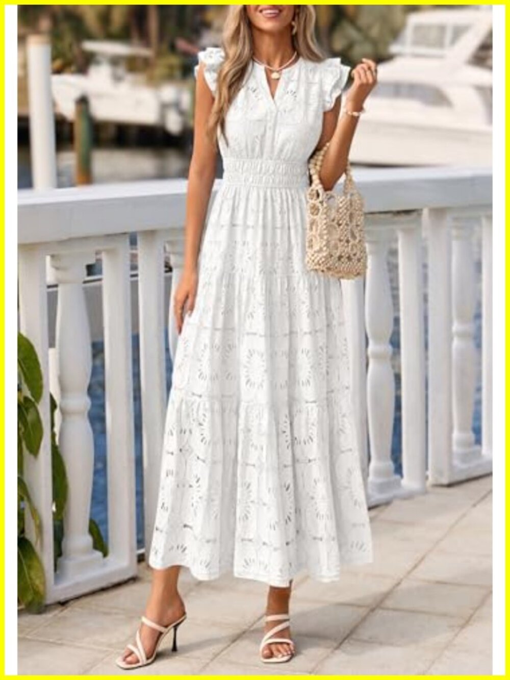Women's Boho Eyelet Maxi Dress V-Neck Flutter Sleeve - Picture 2 of 6